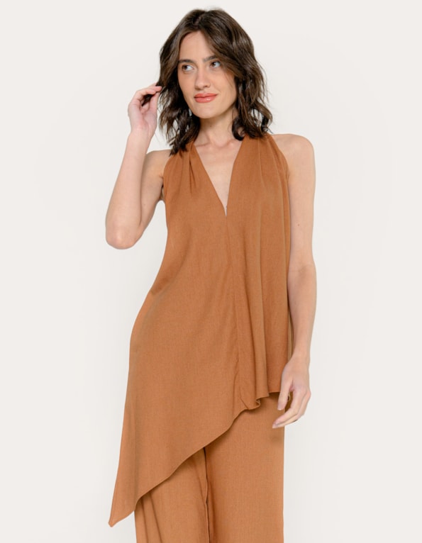 Blusa ampla assimetrica linho blend Marrom