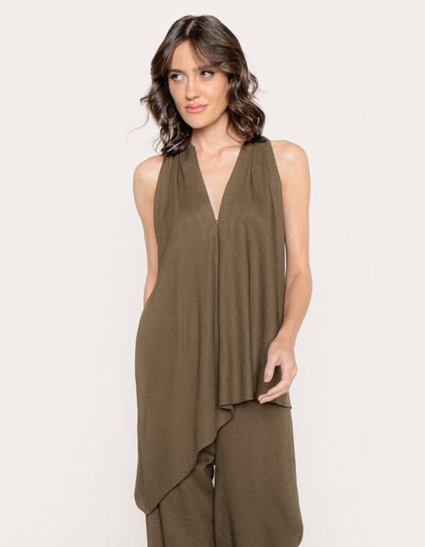 Blusa ampla assimetrica linho blend Oliva escuro