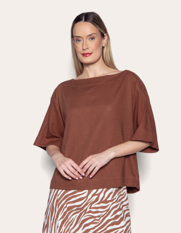 Blusa ampla manga 7/8 Marrom
