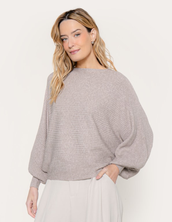 Blusa ampla morcego tricot canelado Marrom claro