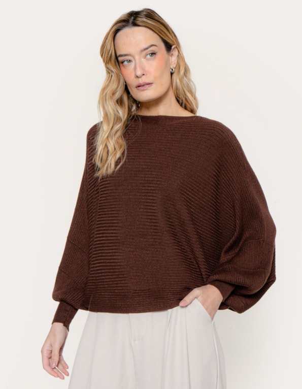 Blusa ampla morcego tricot canelado Marrom escuro