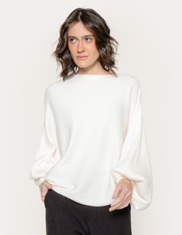 Blusa ampla morcego tricot canelado Off white