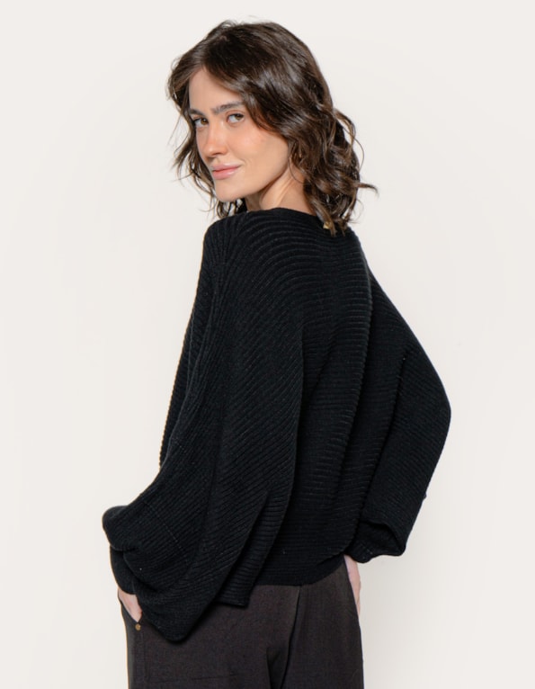 Blusa ampla morcego tricot canelado Preto