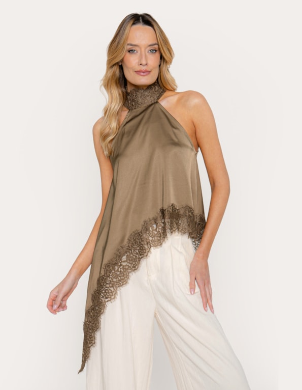 Blusa assimetrica gola renda Oliva