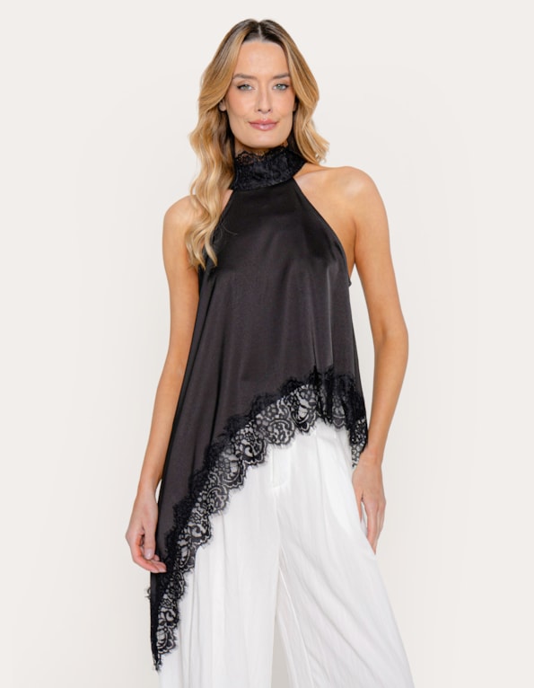 Blusa assimetrica gola renda Preto