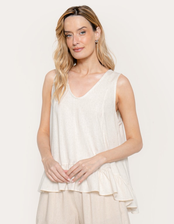 Blusa barra babado linho blend Bege claro