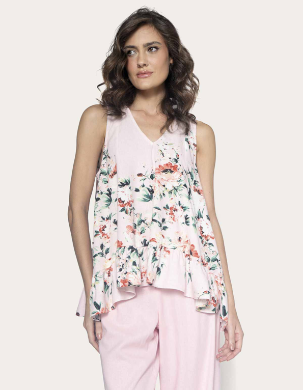 Blusa barra babado linho blend estampado Rosa claro/vermelho claro