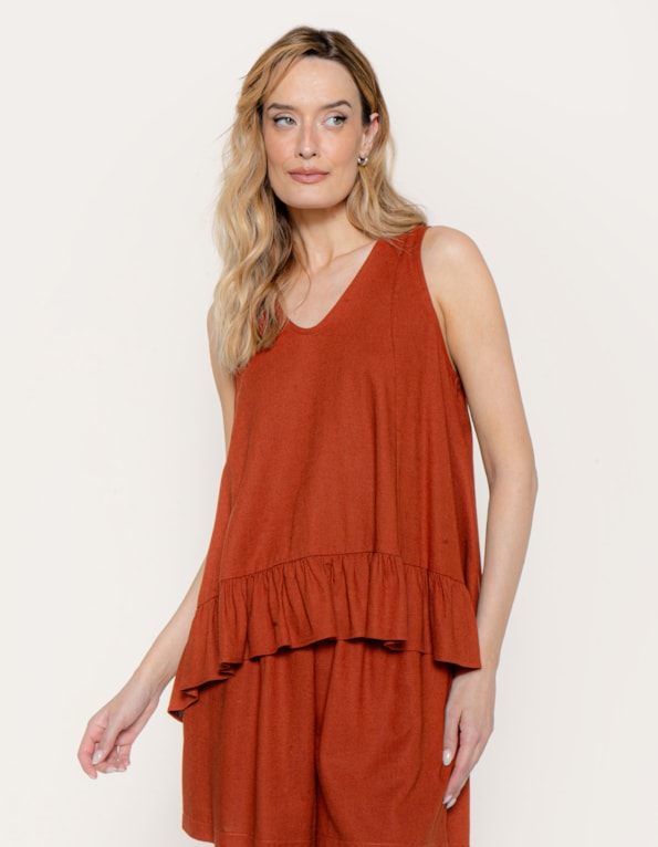 Blusa barra babado linho blend Marrom medio
