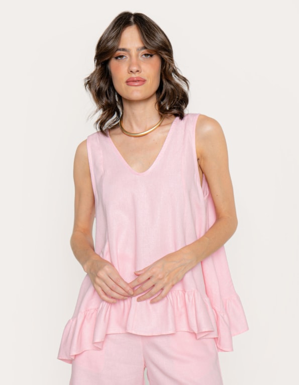 Blusa barra babado linho blend Rosa claro