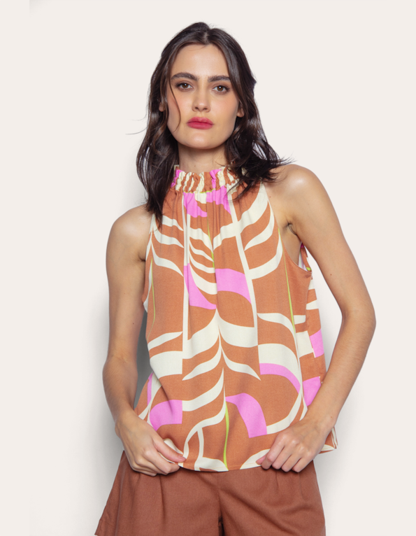 Blusa cavada estampada Marrom/rosa
