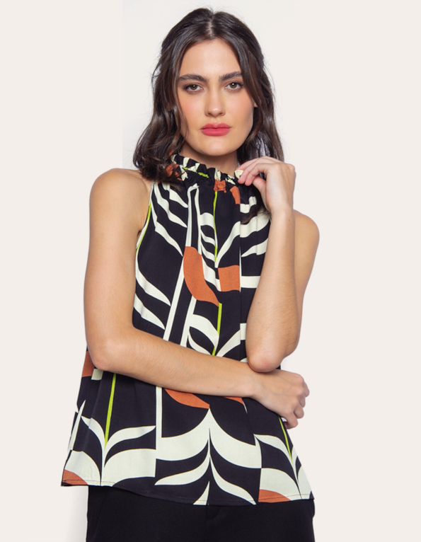 Blusa cavada estampada Preto/marrom