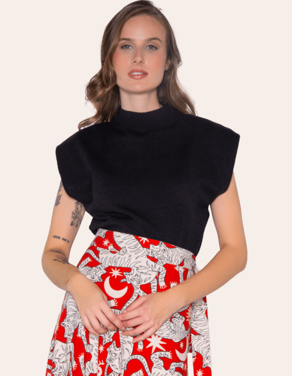 Blusa cavada gola alta tricot Preto