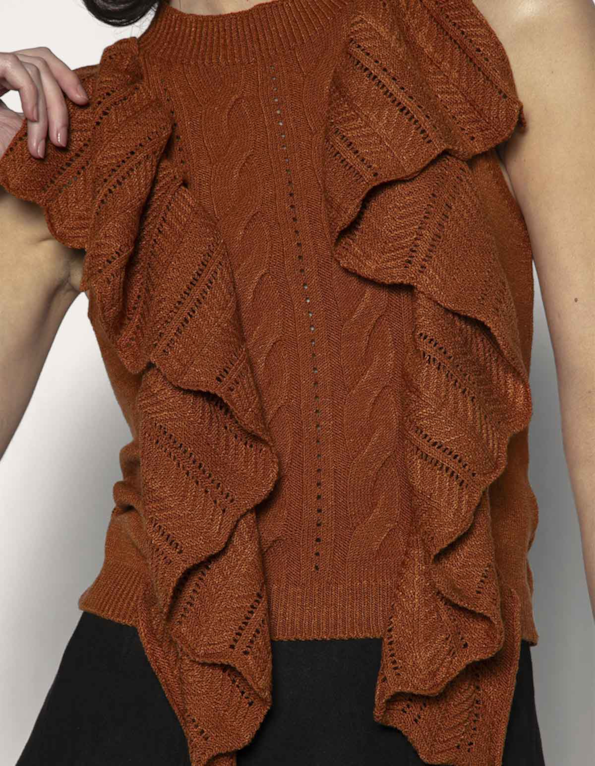 Blusa cavada tricot babado Marrom