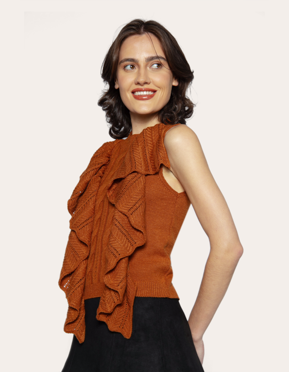 Blusa cavada tricot babado Marrom