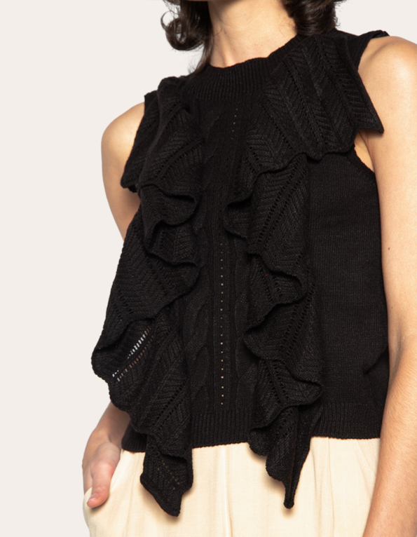 Blusa cavada tricot babado Preto