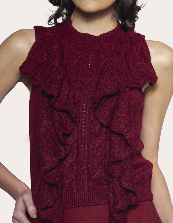 Blusa cavada tricot babado Vermelho escuro