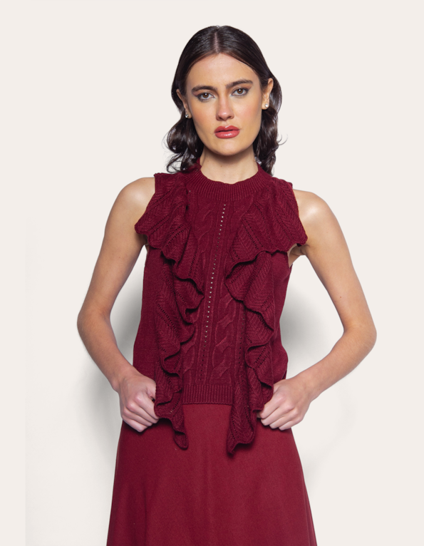 Blusa cavada tricot babado Vermelho escuro