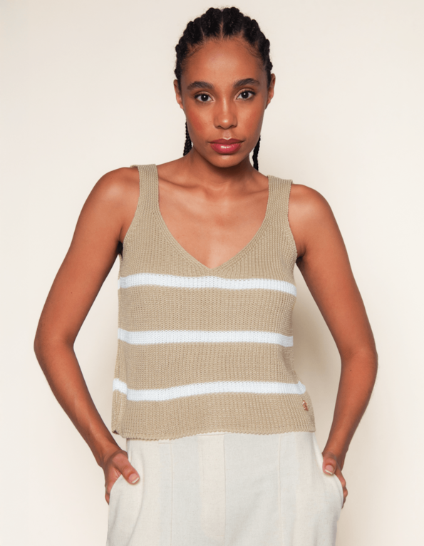 Blusa cropped alça larga listrada Areia/branco