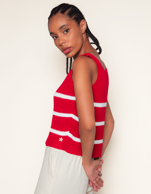 Blusa cropped alça larga listrada Vermelho/off