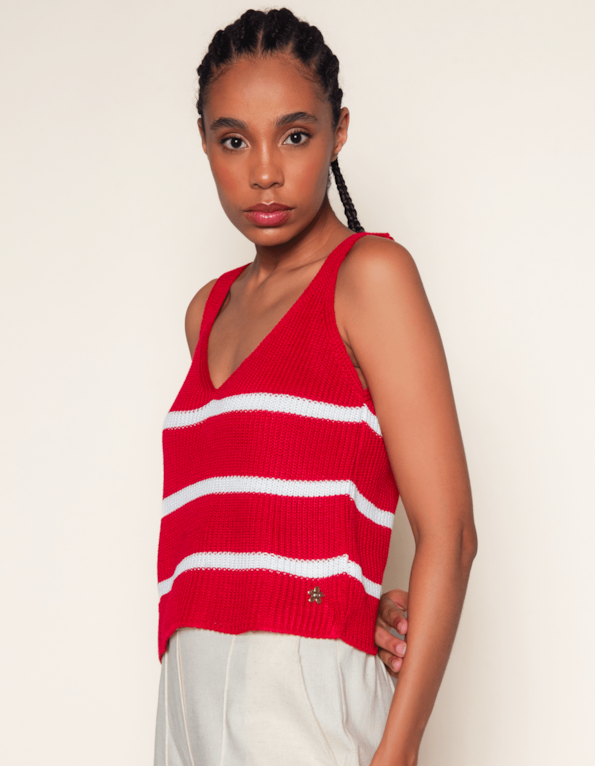 Blusa cropped alça larga listrada Vermelho/off