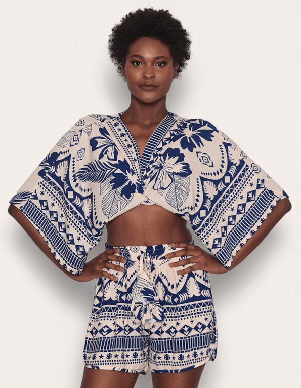 Blusa cropped amarração Trop fl azul