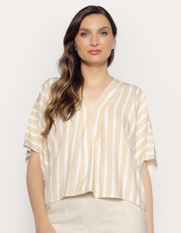 Blusa cropped ampla listrada Bege claro/off off white