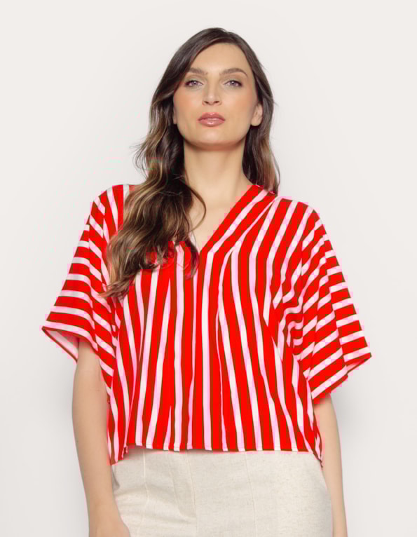 Blusa cropped ampla listrada Vermeho escuro/off white
