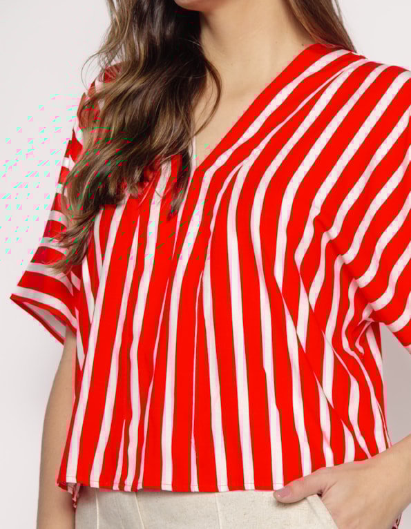 Blusa cropped ampla listrada Vermeho escuro/off white