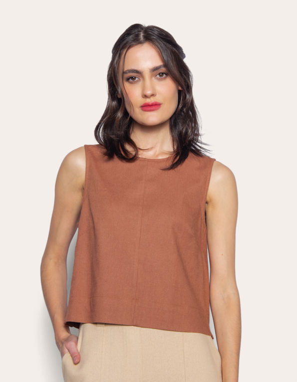 Blusa cropped cavada linho blend Marrom
