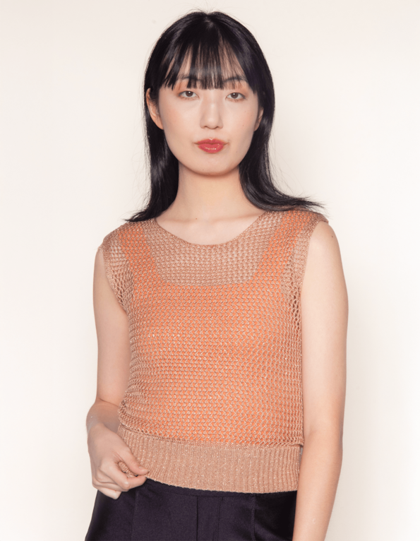 Blusa cropped cavada tricot furo lurex Bege medio