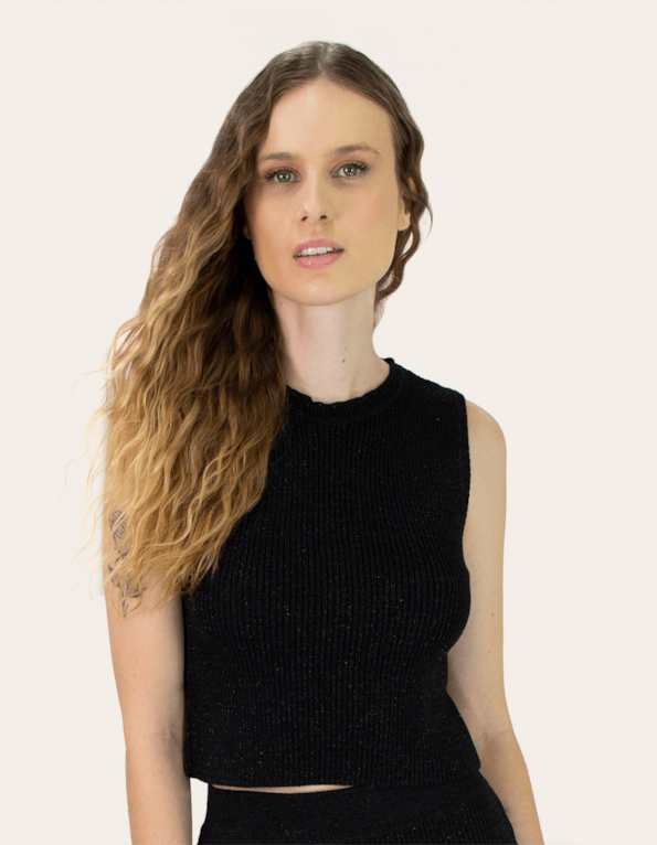 Blusa cropped cavada tricot lurex Preto