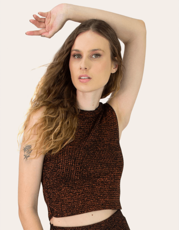 Blusa cropped cavada tricot lurex Preto/cobre