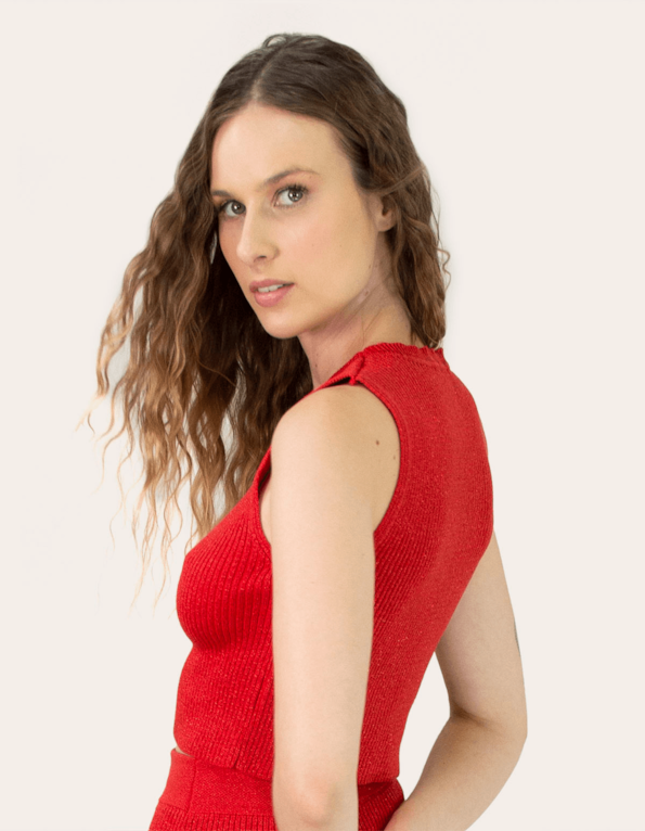 Blusa cropped cavada tricot lurex Vermelho