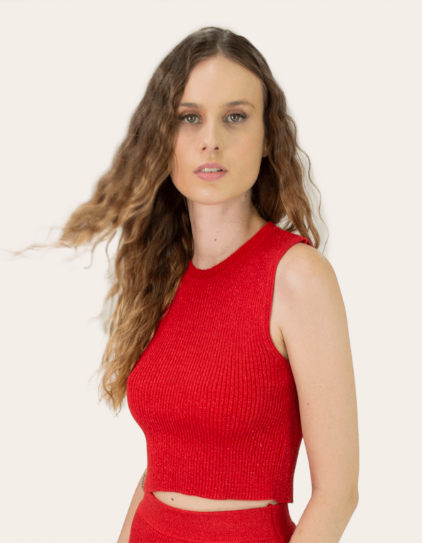Blusa cropped cavada tricot lurex Vermelho