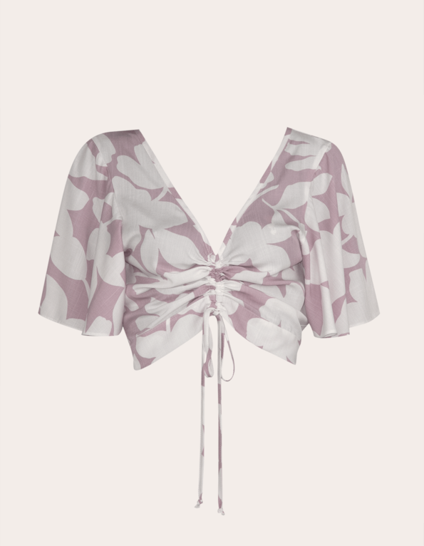 Blusa cropped com ajuste estampada Flores rosa