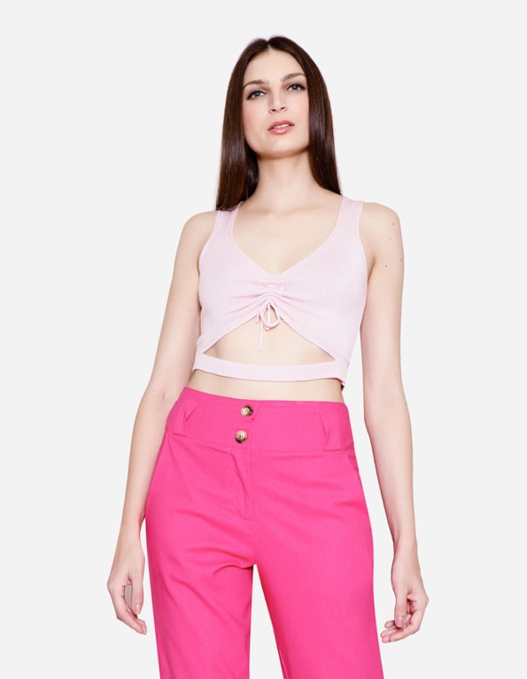 Blusa cropped cordão tricot  Rosa petala