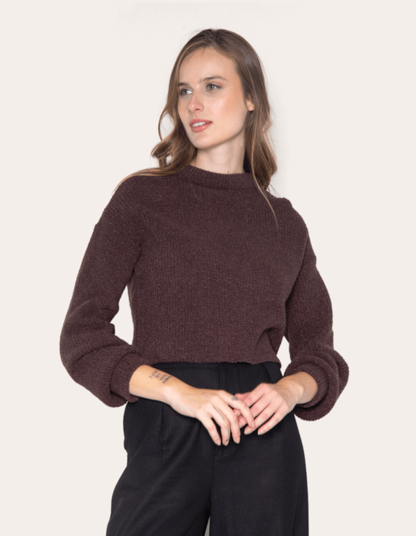 Blusa cropped manga longa tricot Chocolate