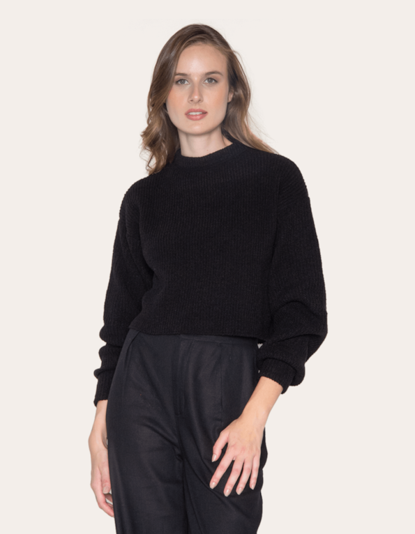 Blusa cropped manga longa tricot Preto