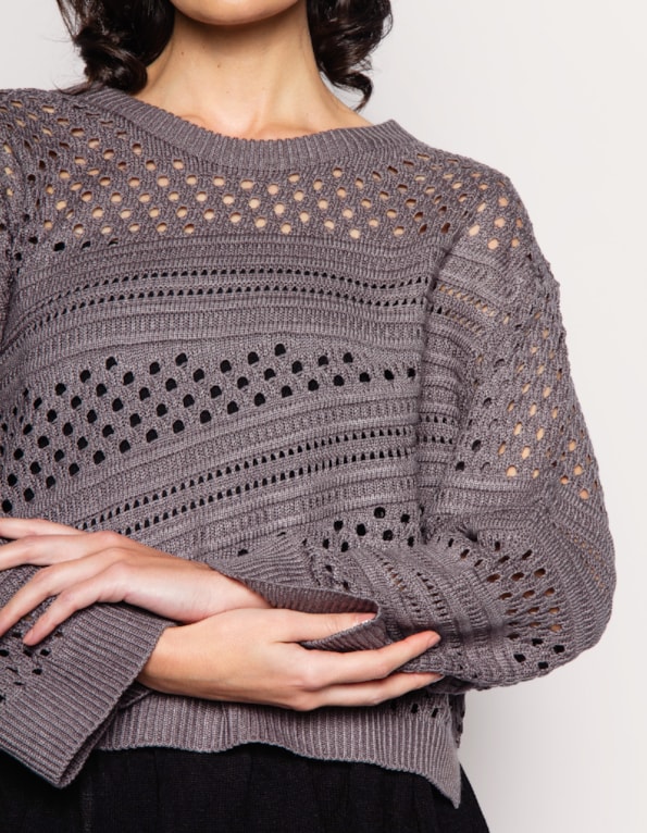 Blusa cropped manga longa tricot tela Cinza