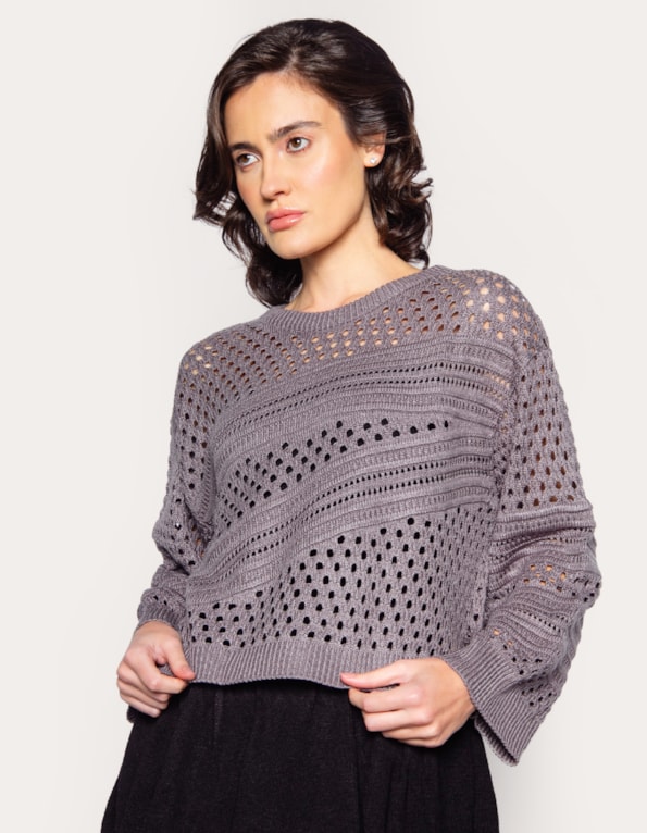 Blusa cropped manga longa tricot tela Cinza
