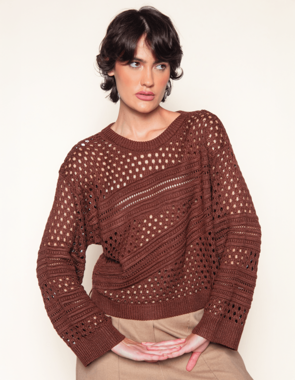 Blusa cropped manga longa tricot tela Marrom