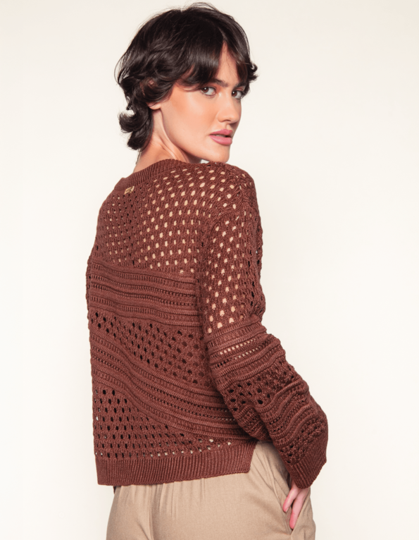 Blusa cropped manga longa tricot tela Marrom