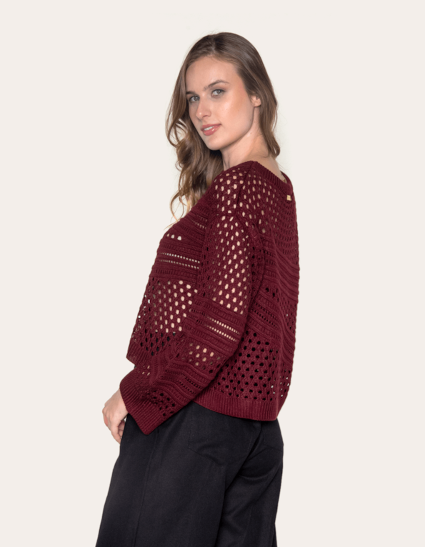 Blusa cropped manga longa tricot tela Marsala