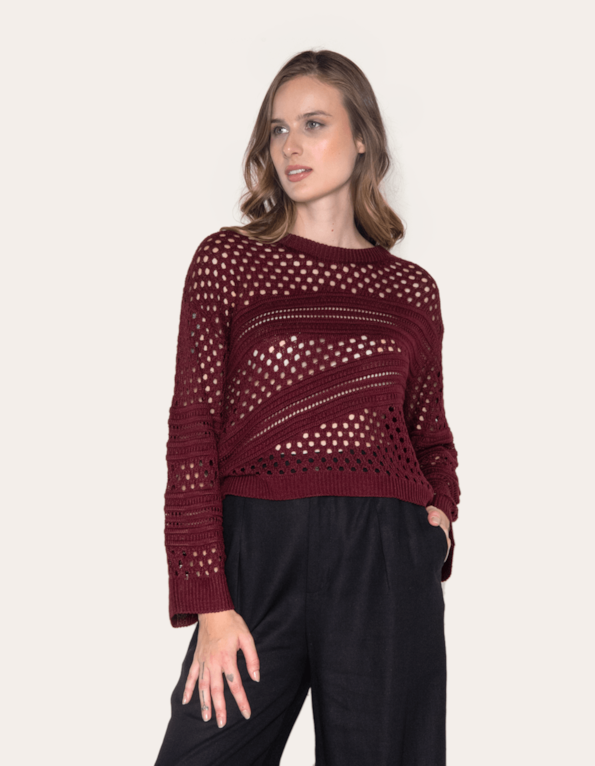 Blusa cropped manga longa tricot tela Marsala