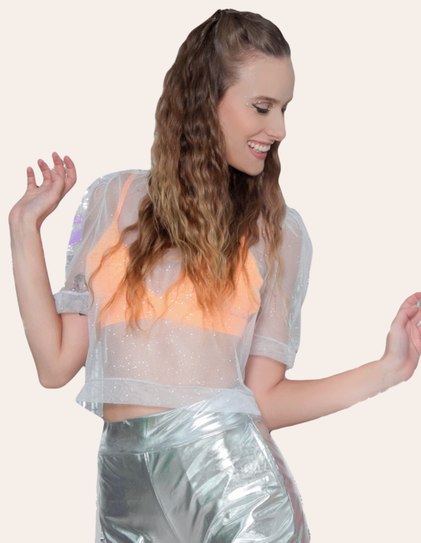 Blusa cropped princesa tule lurex Branco
