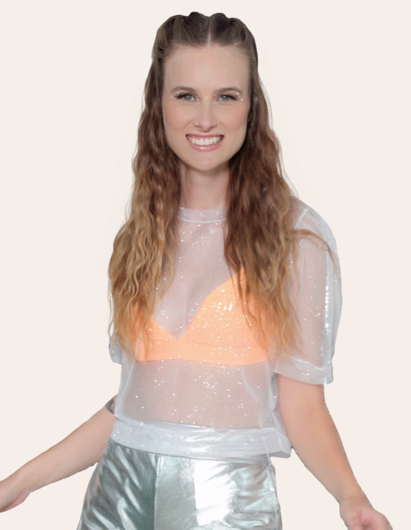 Blusa cropped princesa tule lurex Branco