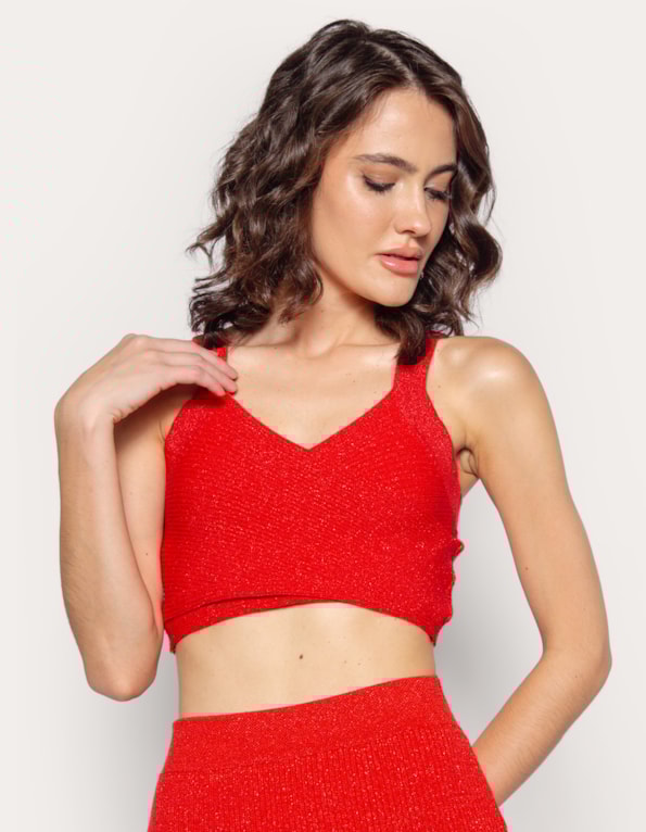 Blusa cropped transpassada lurex Vermelho