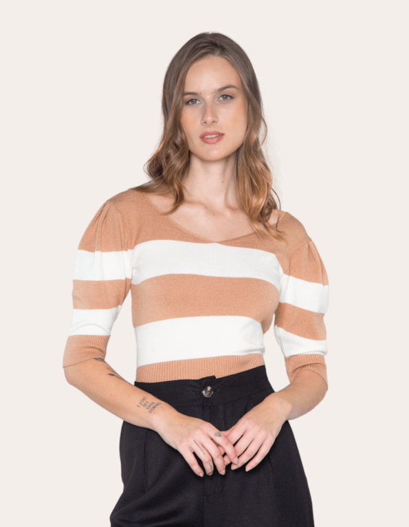 Blusa cropped tricot bicolor Caramelo/off