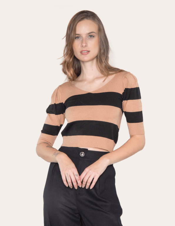 Blusa cropped tricot bicolor Caramelo/preta