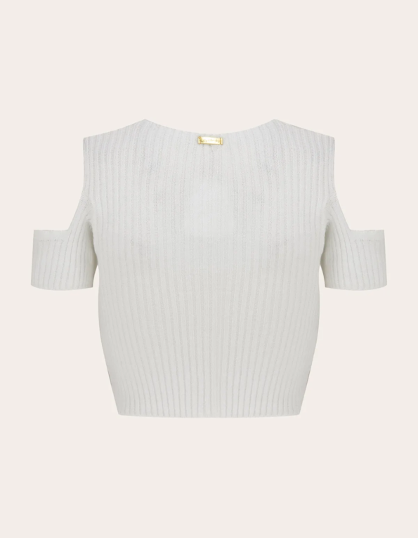 Blusa cropped tricot manga e decote vazado Off white